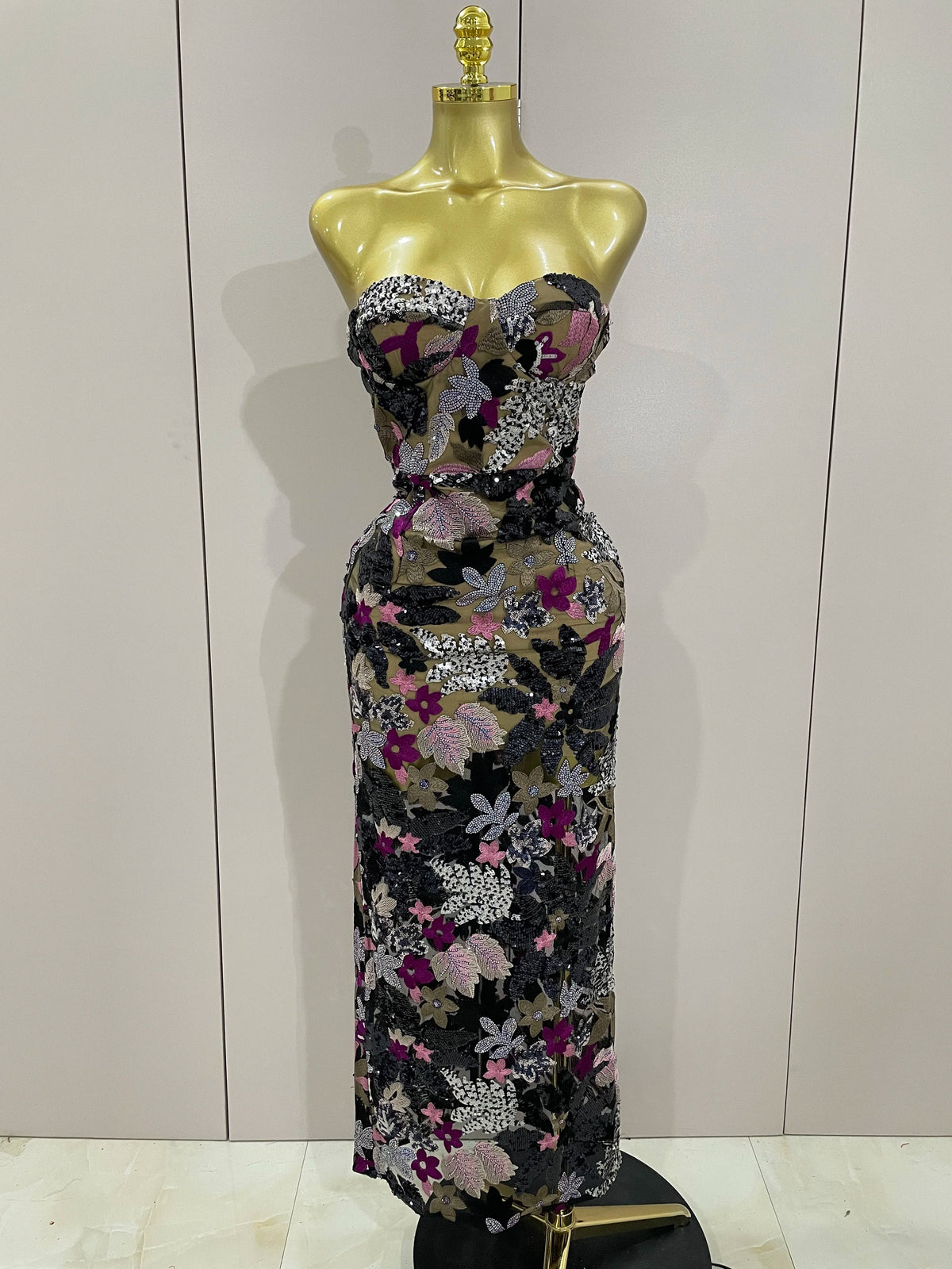 2025 New Sexy Strapless Floral Sequin Long Dress Women Sequins Flower Backless Long Slim Dress Evening Party Runway Gown Dress