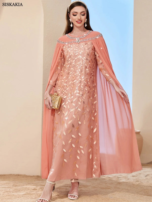 Fashion Royal Caftan Women Turkish Chic Mesh Cape Rhinestone Embroidery Wrist Sleeve Elegant Evening Long Dress