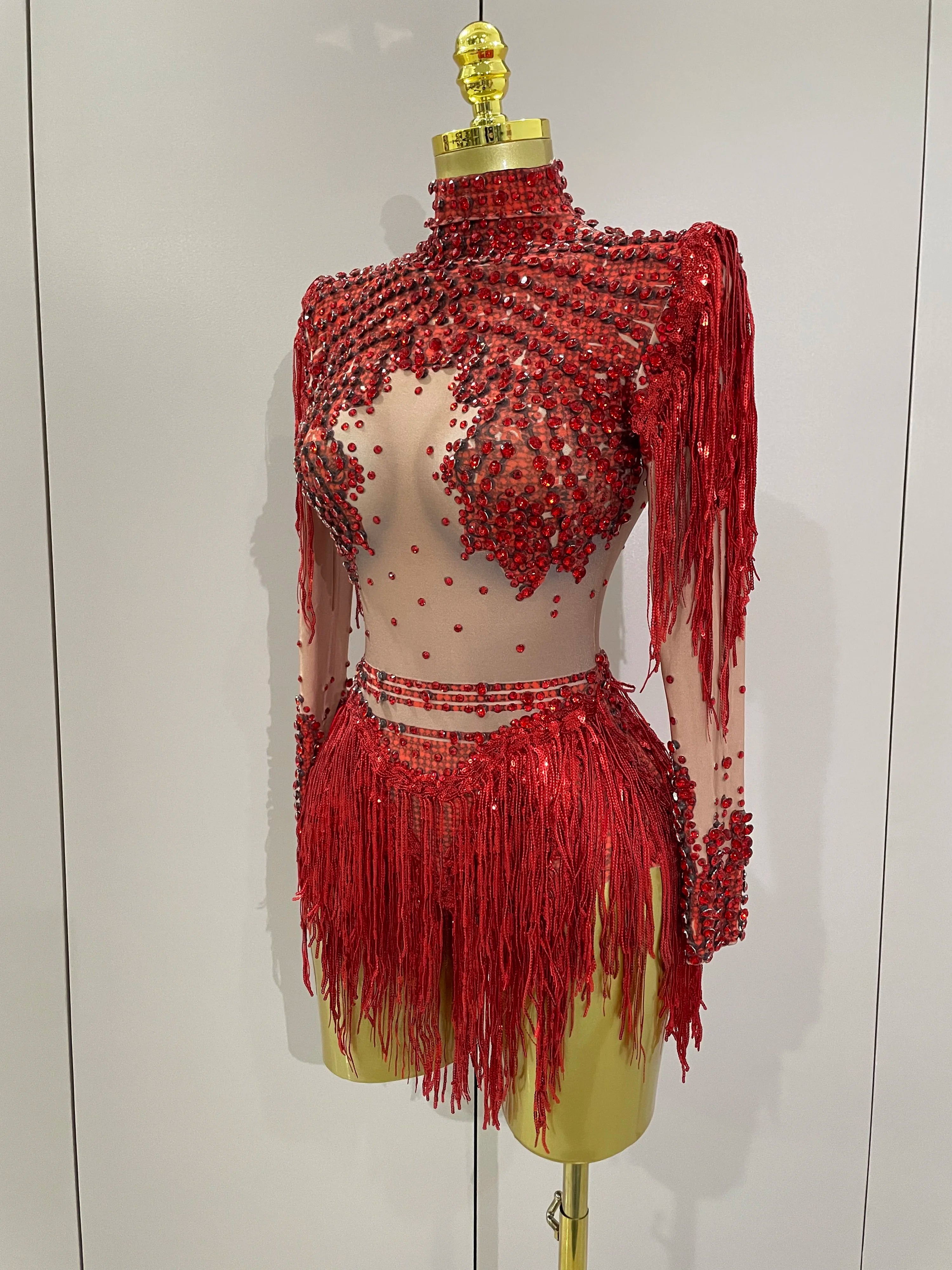 Women Sparkly Rhinestone Sequin Tassel Stretch Bodysuits 2025 New Arrival Birthday Party Nightclub Dj Stage Performance Costume