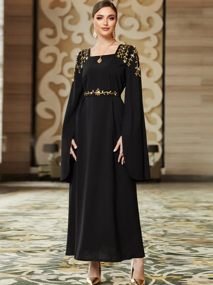 Dubai Fashion Chic Pure Handwork Diamonds Evening Party Gown Super Long Sleeve Square Collar Belted Dress Arab Robe