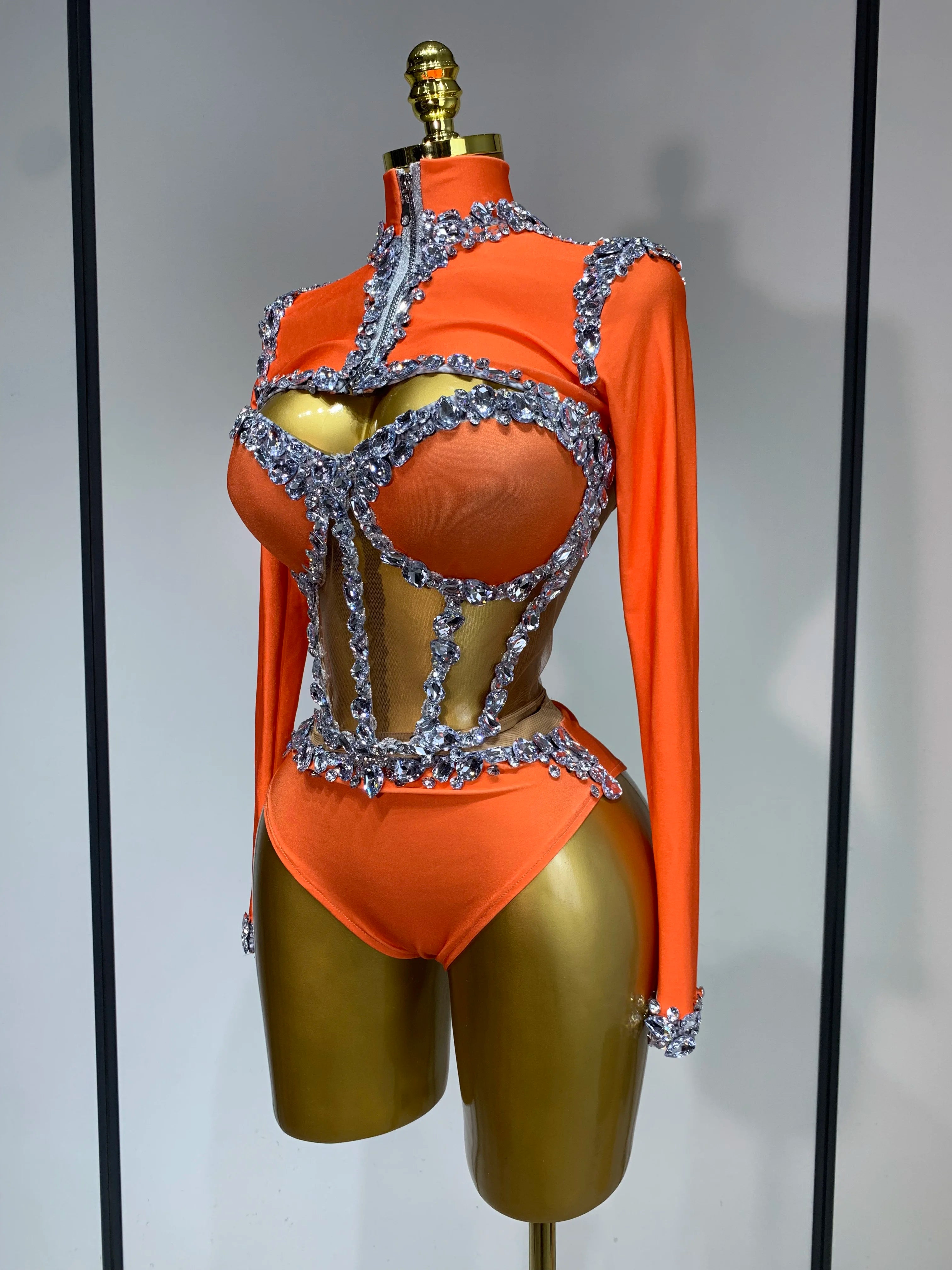 Sparkly Rhinestone Stage Outfit Women Long Sleeve Three Piece Set Dance Drag Queen Nightclub Evening Party Birthday Costume