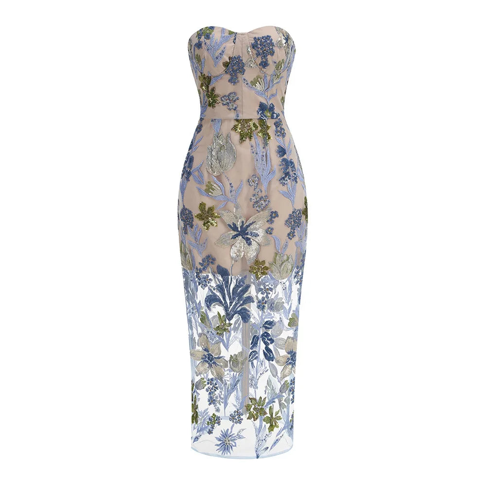 2025 New Fashion Women Sexy Strapless Embroidery Bodycon Long Dress Fashion Celebrate Evening Party Birthday Outfit