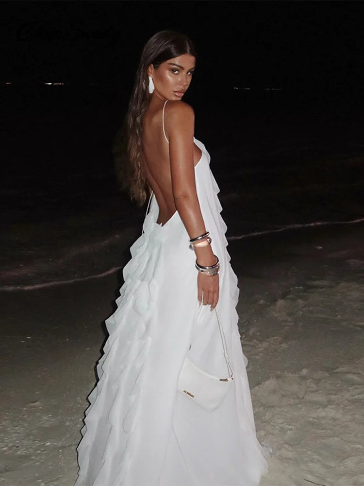 Sexy Ruffles Backless Long Dress Women Y2K Off Shoulder Lace Up Sleeveless White Dresses 2025 Summer Beach Party Loose Robes