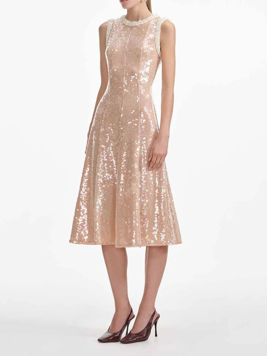 TWOTWINSTYLE Solid Slimming Spliced Sequins Midi Dresses for Women Round Neck Sleeveless Patchwork Bead Elegant Dress Female New