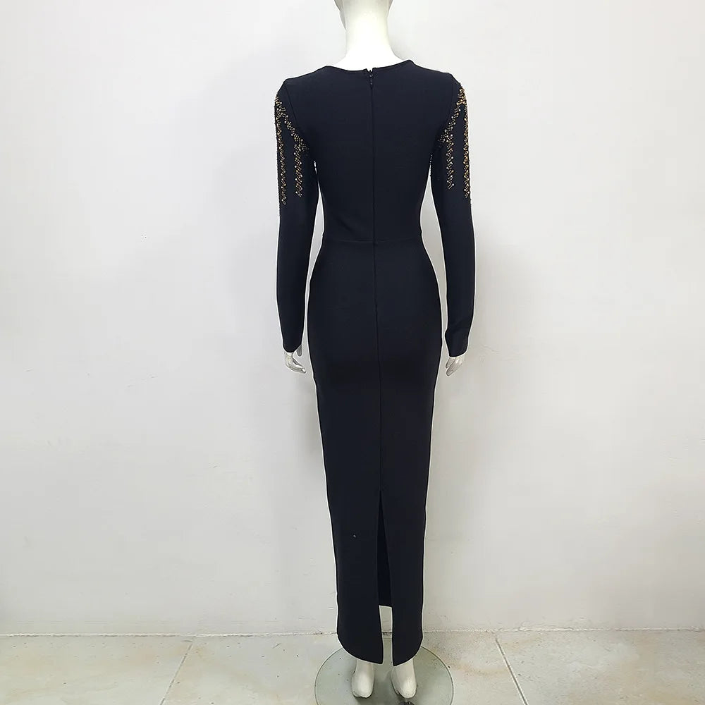 High Quality Women Long Sleeve Sexy Golden Rhinestones Bodycon Long Bandage Dress Nightclub Party Celebrate Fashion Dress