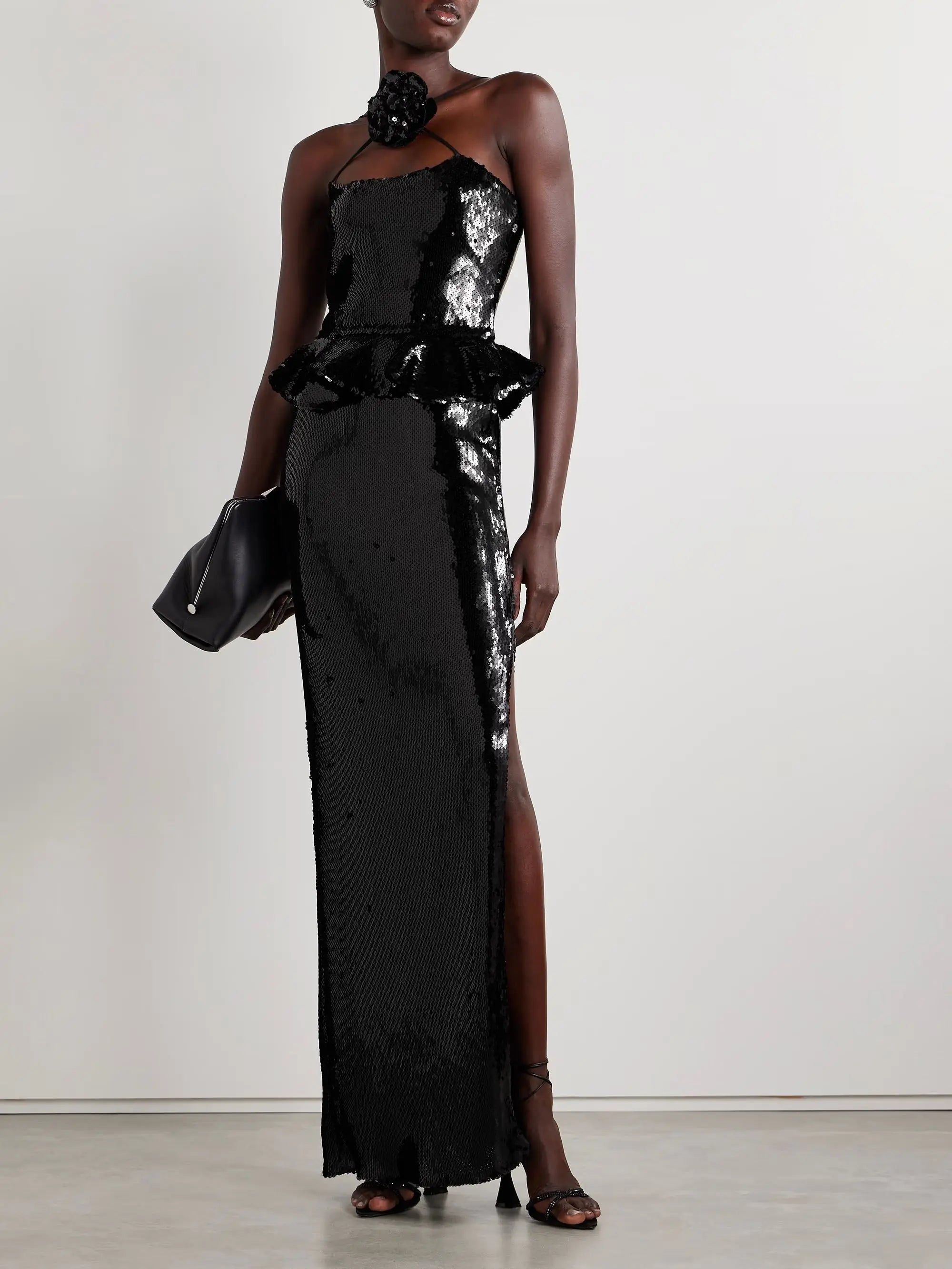 Celebrity Red Carpet Dress Black Color Shinning Sequins Sexy Halter Bodycon Long Dress Evening Party Outfit Vestido