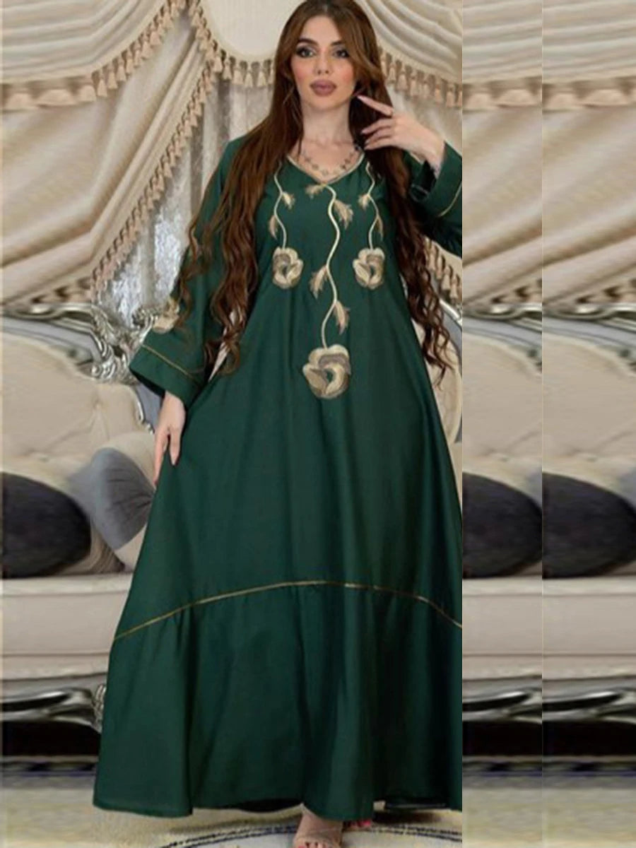 Fashion Chic Moroccan Kaftan For Women Solid Embroidery Full Sleeve O-Neck Casual Loose African Long Dresses Green Dress