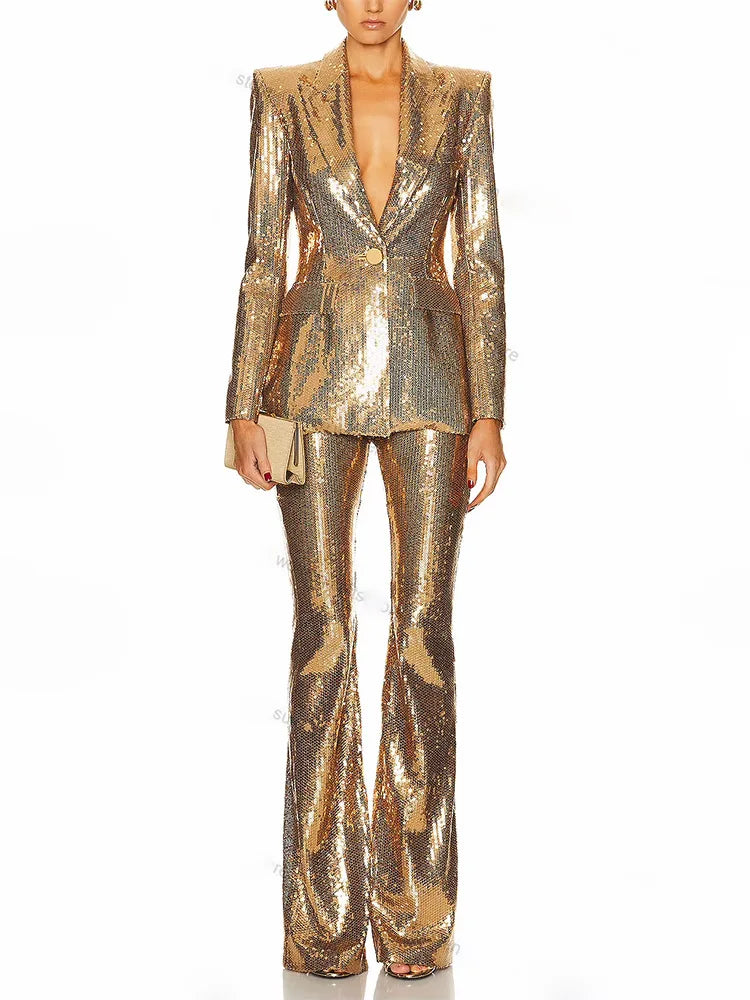 2025 New Arrival Women Long Sleeve Shinning Sequins Single Button Slim Coat 2 Pieces Women's Set Formal Evening Celebrate Party