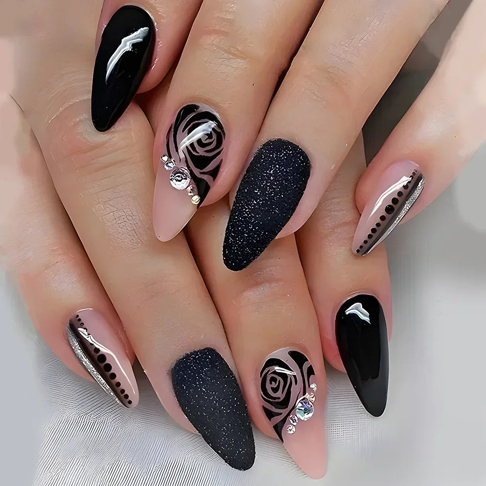 24Pcs Autumn Winter Matte Almond False Nails with Glue Rose Leaf Printing Nail Art Simple Full Cover Press on Acrylic Nails Tips