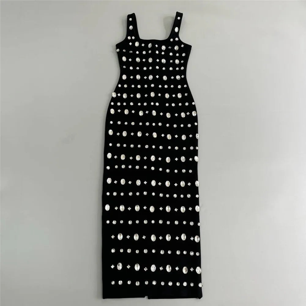 High Quality Big Crystal Women Sleeveless Sexy O-Neck Bodycon Long Bandage Dress Fashion Evening Party Cocktail Dress Vestido