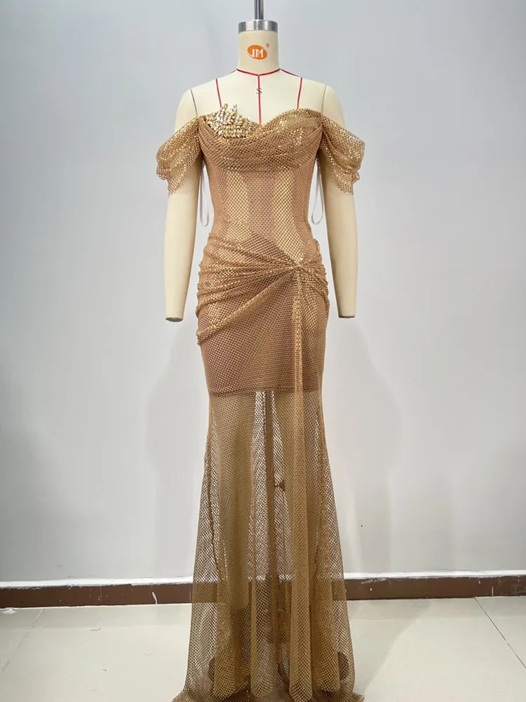 Women Celebrity Sexy Off Shoulder Diamonds Net Sparkly Gold Maxi Long Gowns Dress Elegant Evening Party Club Vestido
