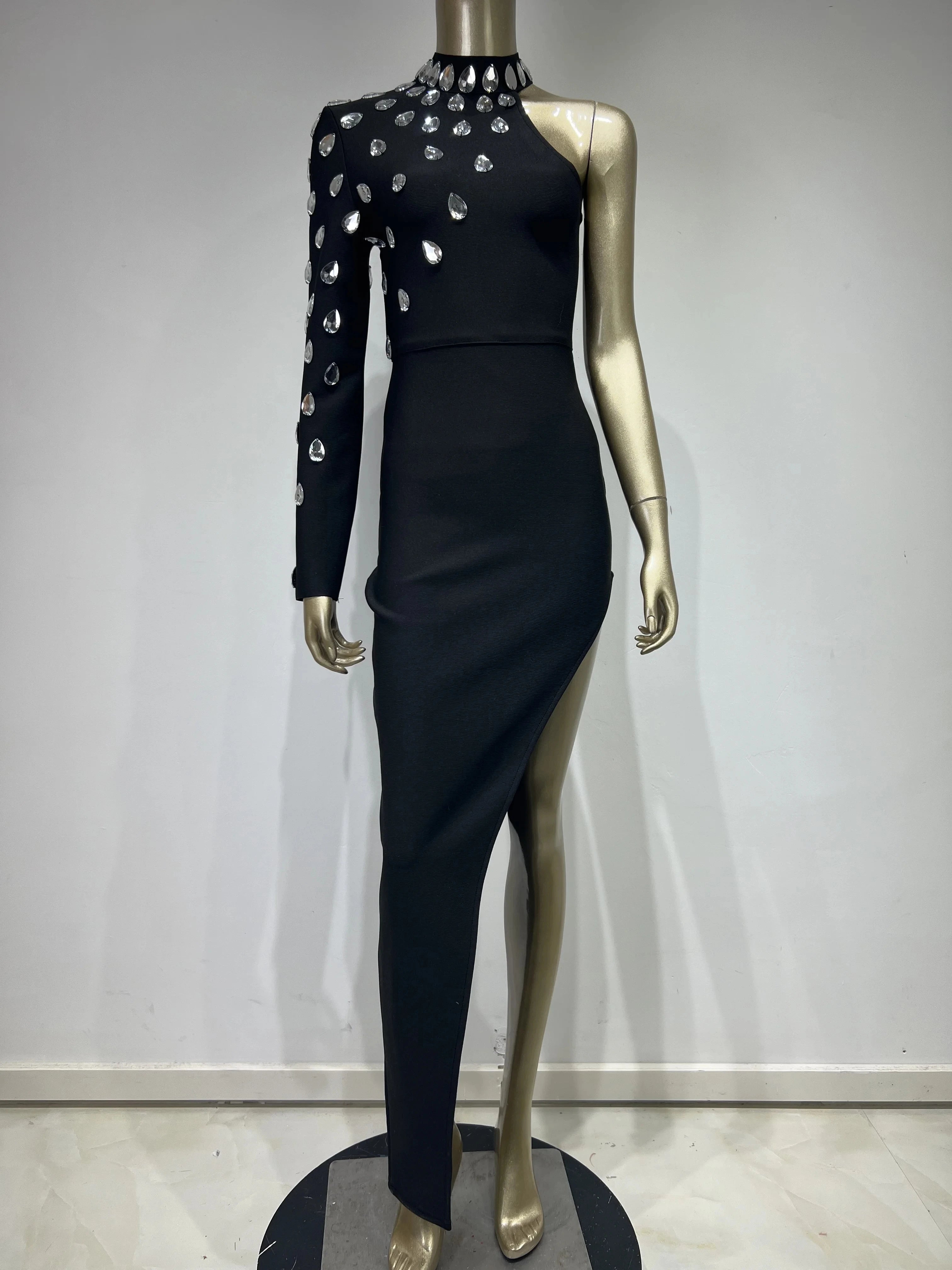 Women Celebrity Sexy Single Sleeve Rhinestone Black Maxi Long Bodycon Bandage Dress Elegant Evening Club Party Dress