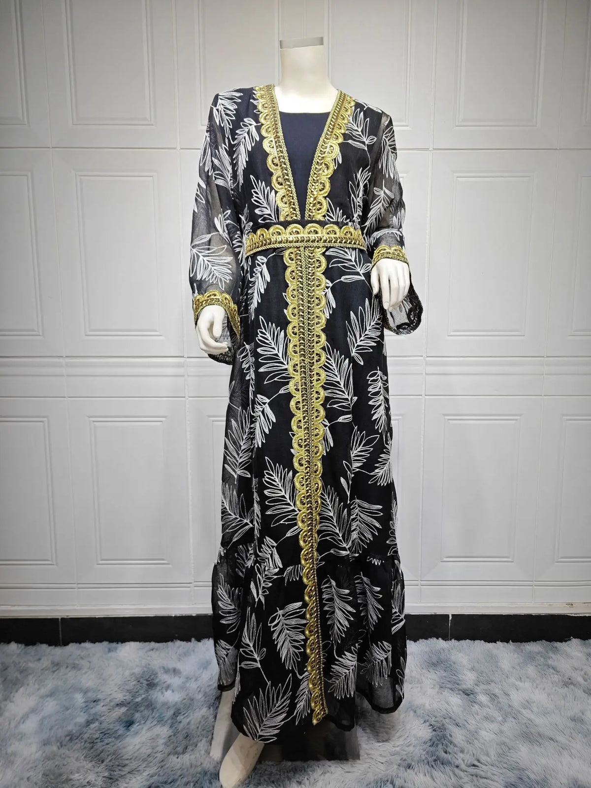 Uni Fashion Embroidered Maxi Dresses Mesh Sleeve Abayas Belt included Two Pieces Belted Kaftan 2025