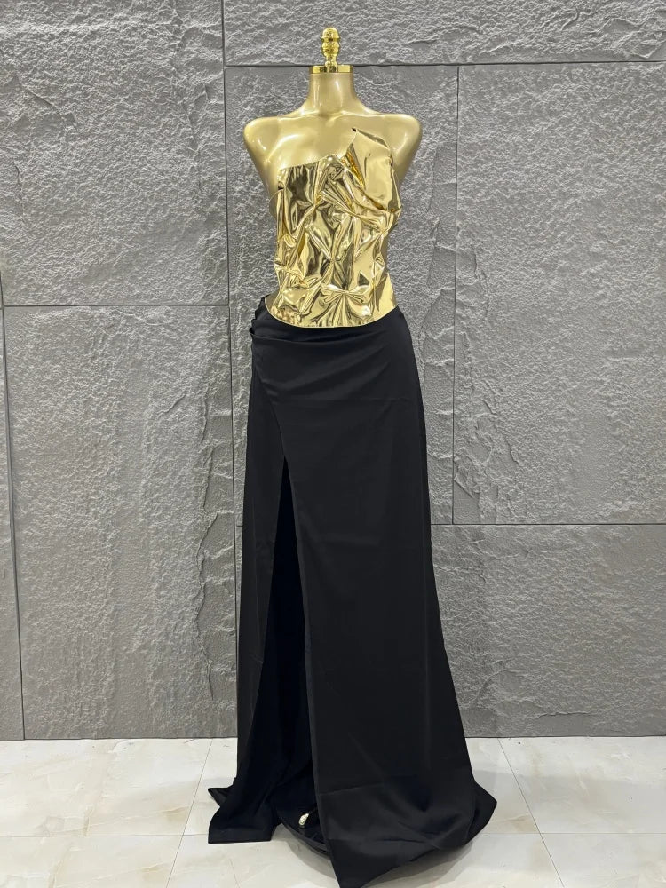 Hot Sale Discount Women Sexy Golden Tops Floor-length Skirt 2 Pieces Straight Dress Elegant Evening Party Celebrate Outfit