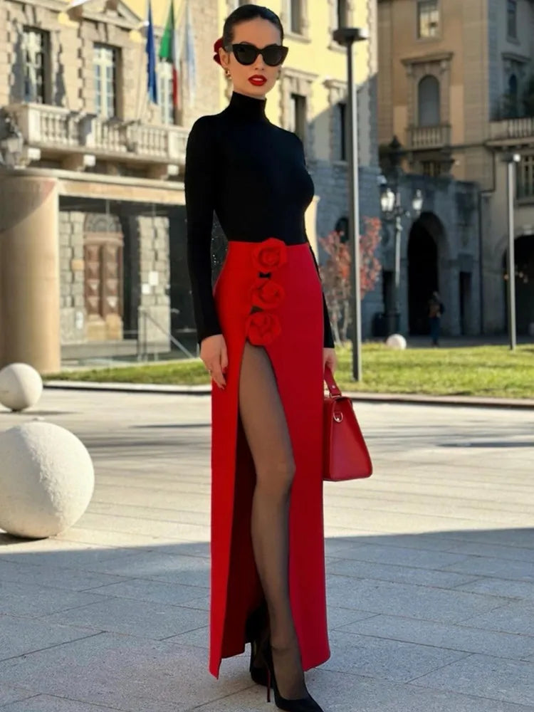 Summer Women Black Red Flower Bodycon Bandage Skirt Designer High Waist Party Office Lady Elegant Split Skirt