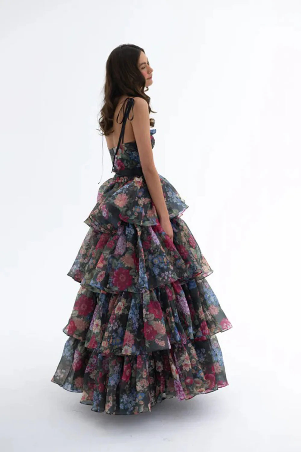 Women Sleeveless Sexy Strap Flowers Print Ruffles Loose Long Maxi Dress Evening Party Celebrate Birthday Vacation Outfit
