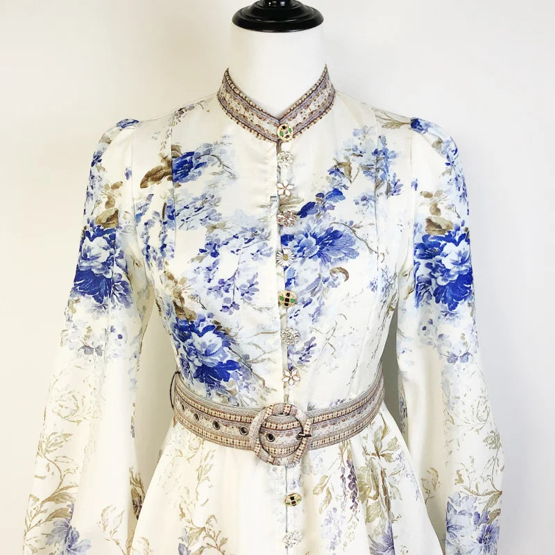 Shot In Stock 2025 Spring Summer New Printed Single-Breasted Exquisite Flower Button Short A-Line Dress + Belt