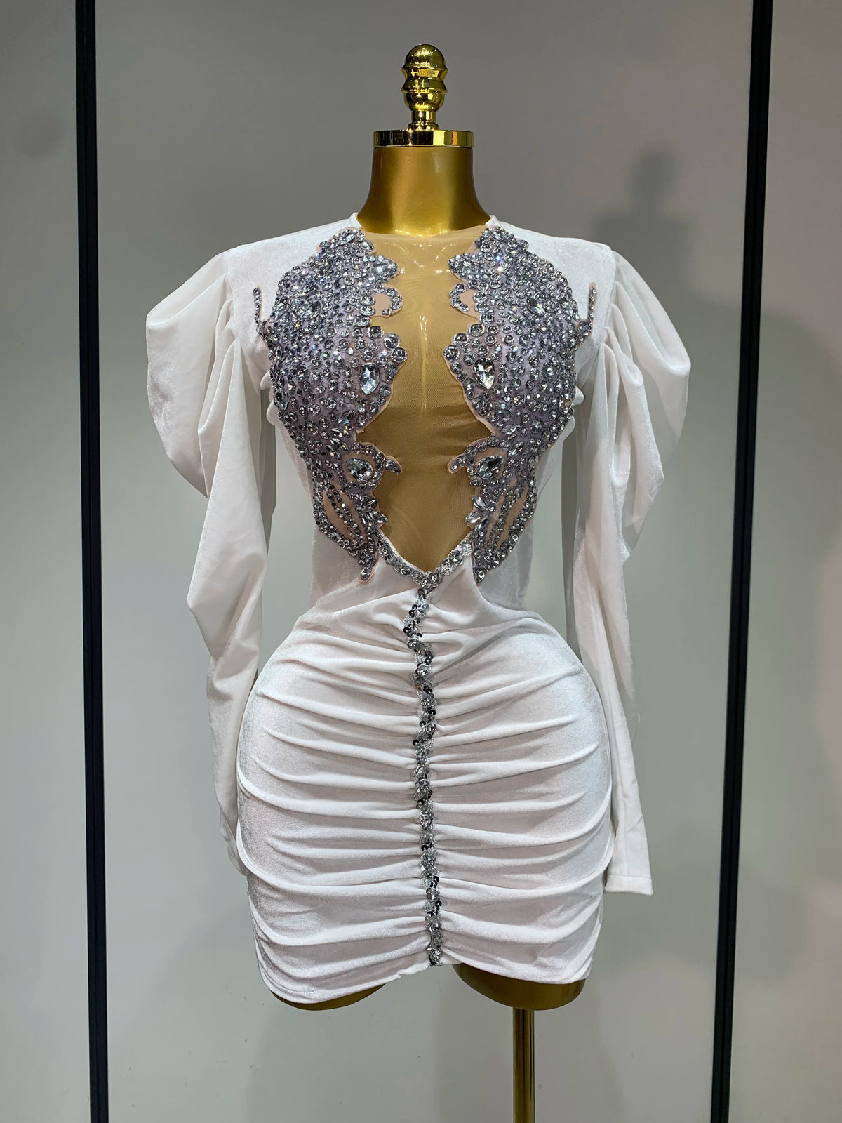 Sparkly Crystals Sexy Mesh Velvet Mini Dress 2025 Women White Elegant Evening Party Luxury Birthday Nightclub Stage Costume