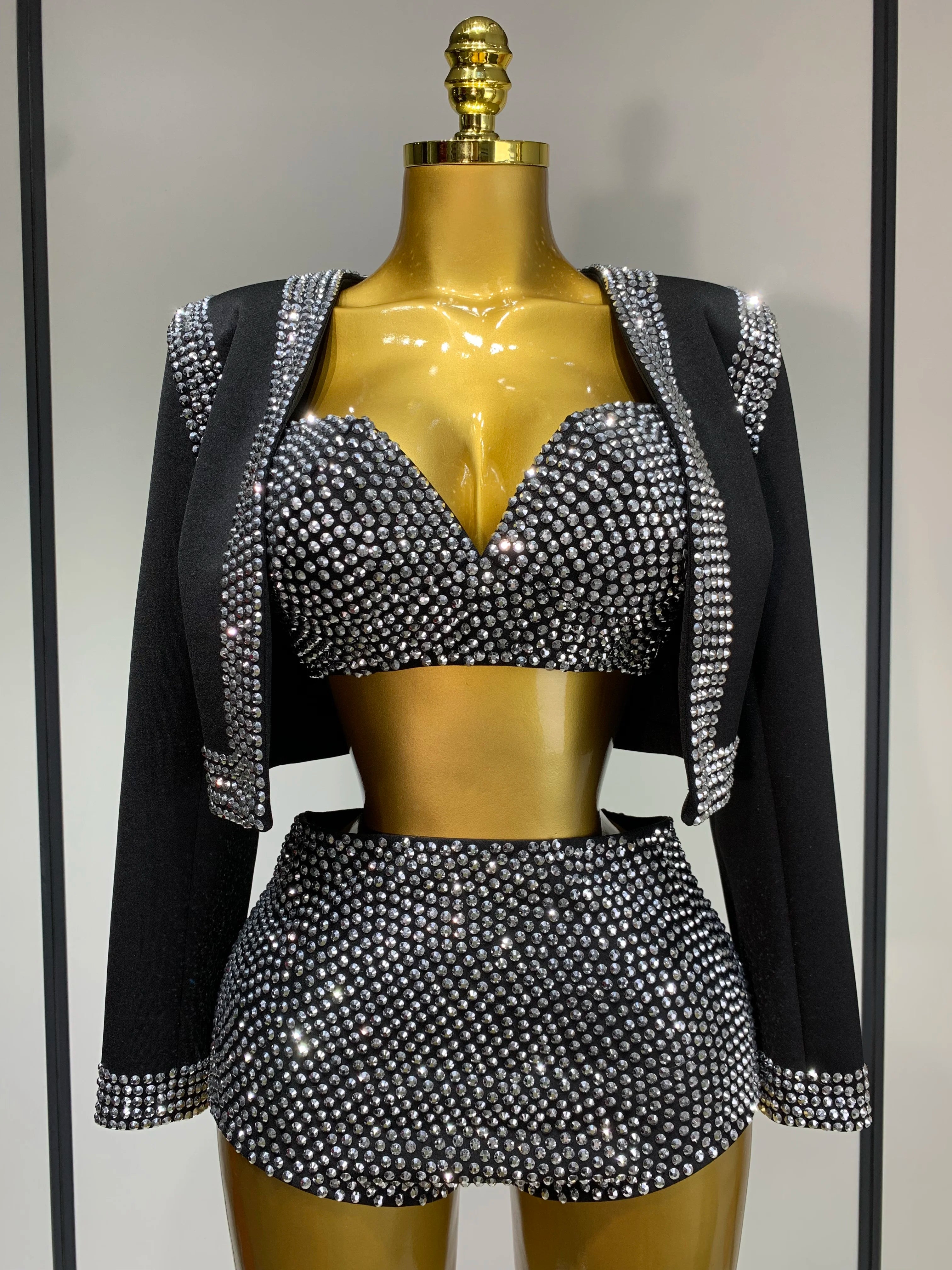 Luxury Rhinestone Jacket Bra Top And Matching Shorts Set 3 Pieces Outfits Women Sexy Sparkle Nightclub Singer Stage Outfit