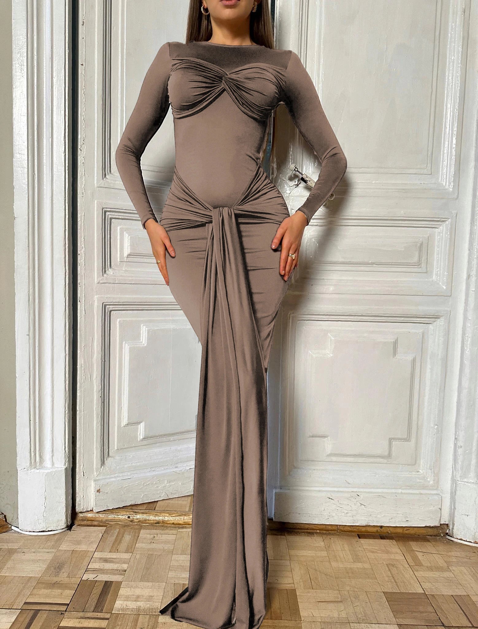 Women Celebrity Sexy O Neck Long Sleeve Gray White Maxi Long Gowns Dress 2024 Elegant Evening Party Club Vestido