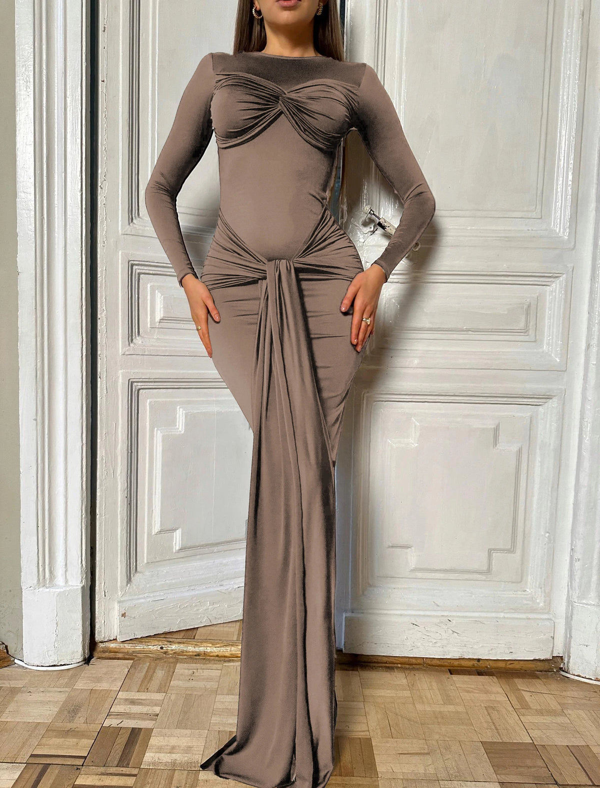 Women Celebrity Sexy O Neck Long Sleeve Gray White Maxi Long Gowns Dress 2024 Elegant Evening Party Club Vestido