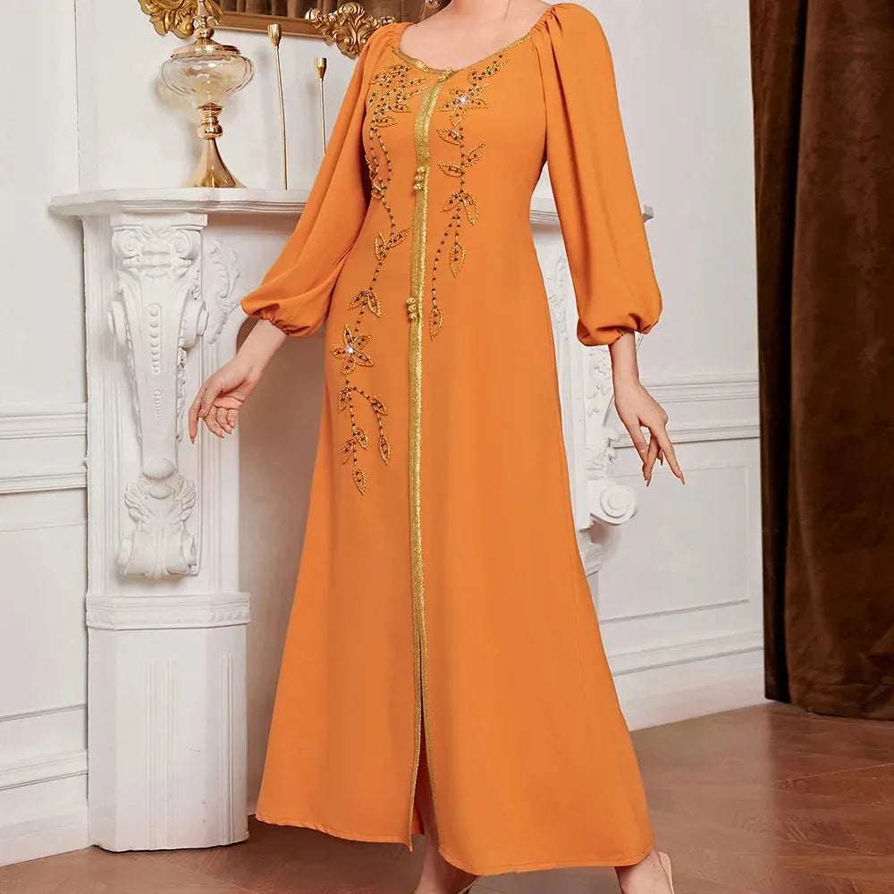 Morocco Caftan Elegnat Women Muslim Diamonds Abaya Evening Party Dress Dubai Jalabiya Wedding Gown Kaftan Islam Dresses Vestidos 02 Orange