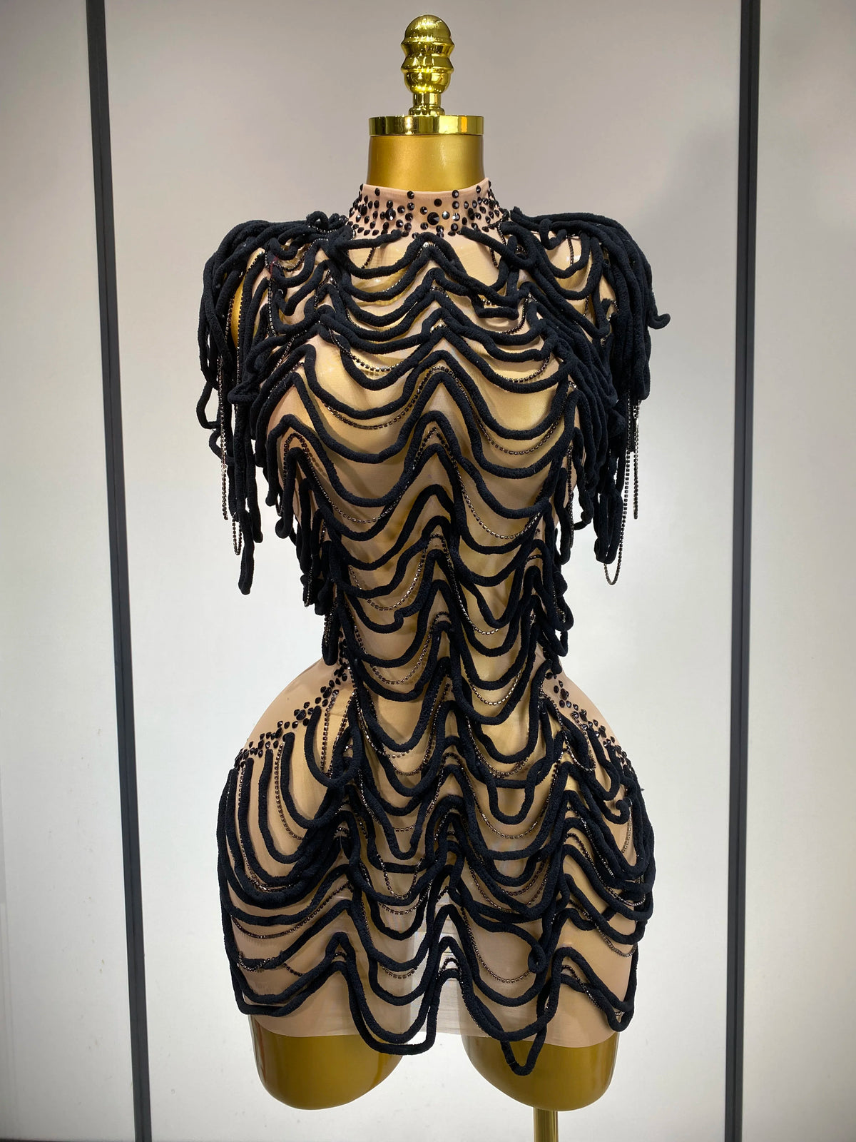Women Sexy Mesh See Through Designer Rhinestones Chain Stage Performance Costume Nightclub Celebrate Party Luxury Birthday Dress