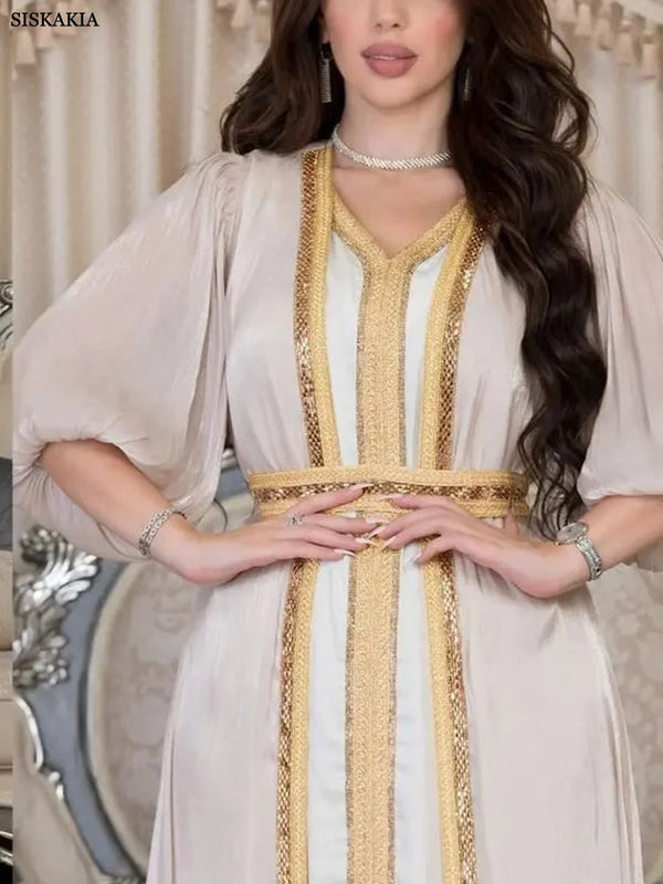 Dubai Abaya Luxury For Muslim Women Diamonds V-Neck Lace Tape Belted Kaftan 2pcs Modest Fashion Long Dresses Ramadan Clothes