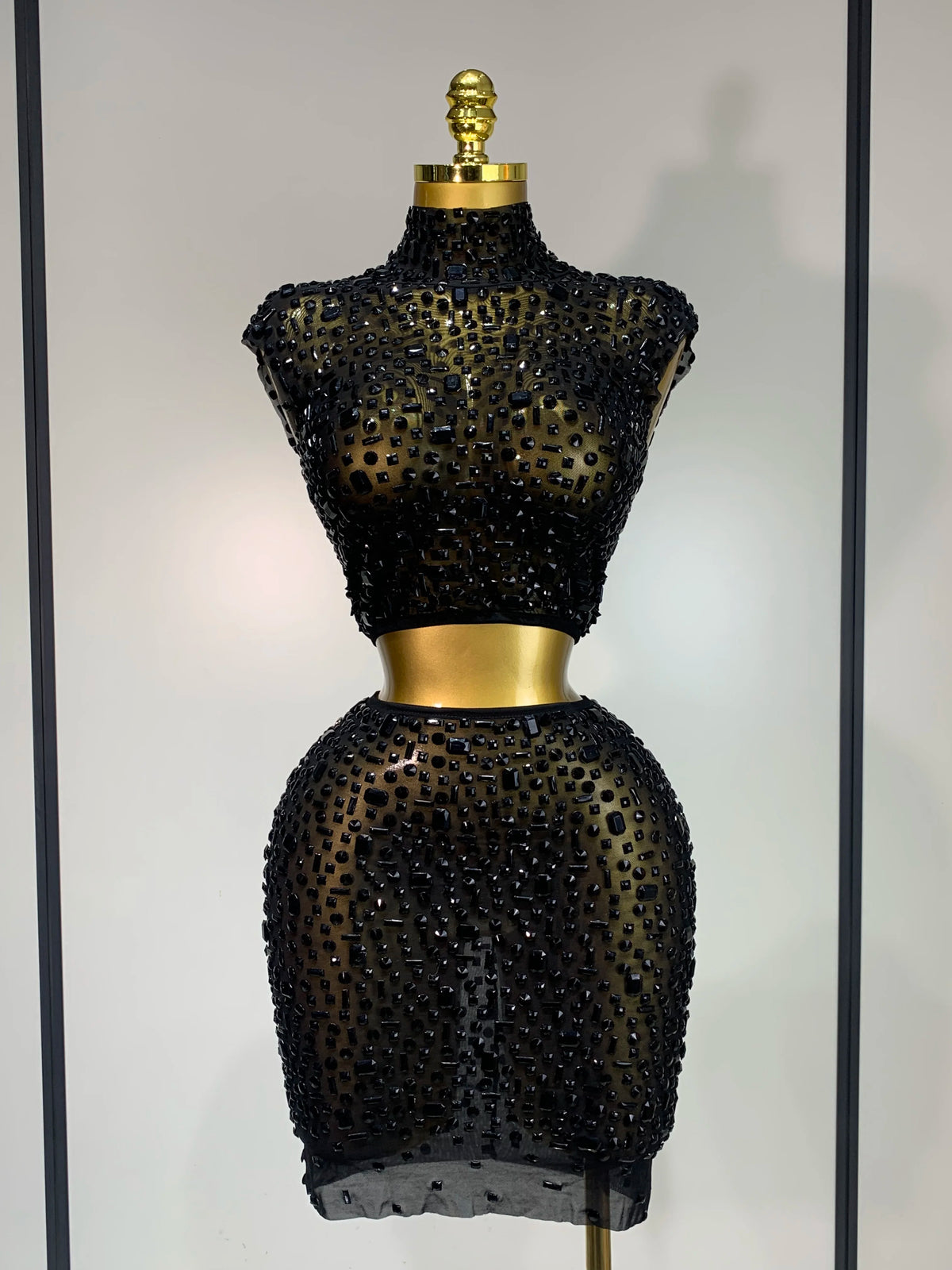Sexy Sparkly Crystal Diamonds Mesh See Through Two Piece Set Women Elegant Evening Party Costume Singer Stage Performance Outfit