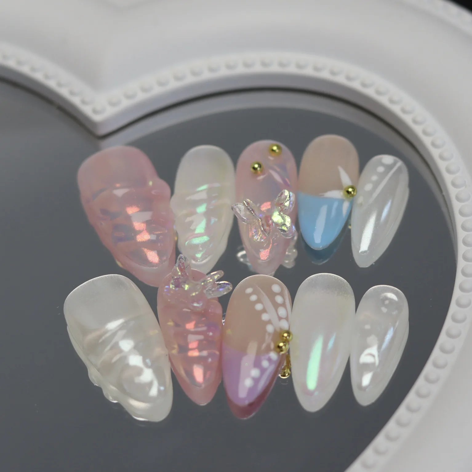 10Pcs Sweet Dreamy Almond Nails Press Ons Aurora Pink False Nails with Glue 3D Wave French Full Cover Acrylic Nail Manicure Tips