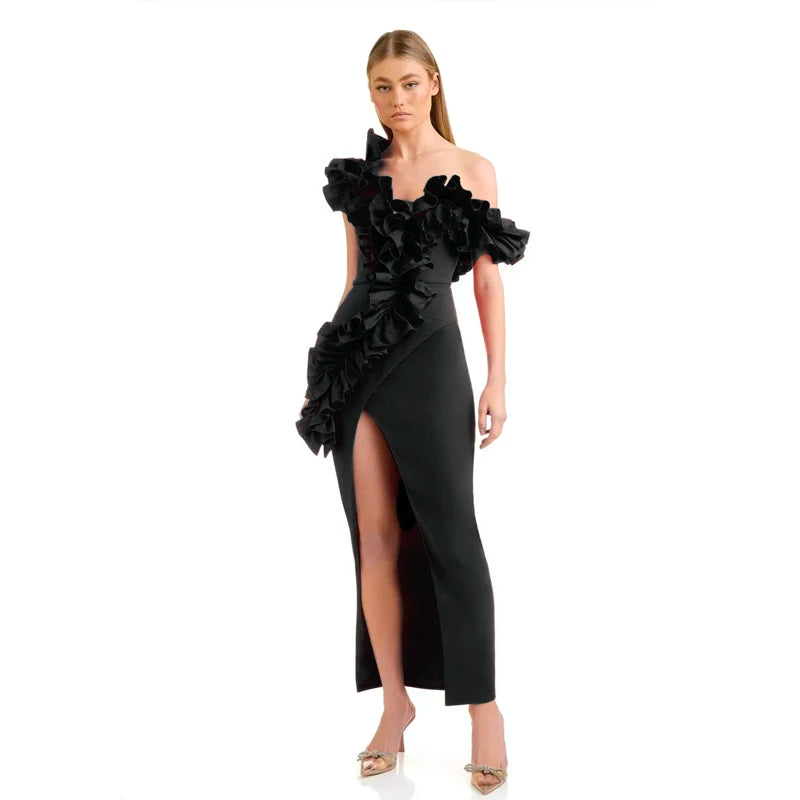 Red Black Color Women Sexy Slash Neck Off the Shoulder Florals Bodycon Long Bandage Dress Fashion Evening Party Dress