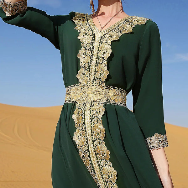 Vintage Women Long Dress Ethnic Abaya Embroidery Lace Arabic Muslim Islamic Clothing Kaftan Turkey Middle East Ramadan Jalabiya