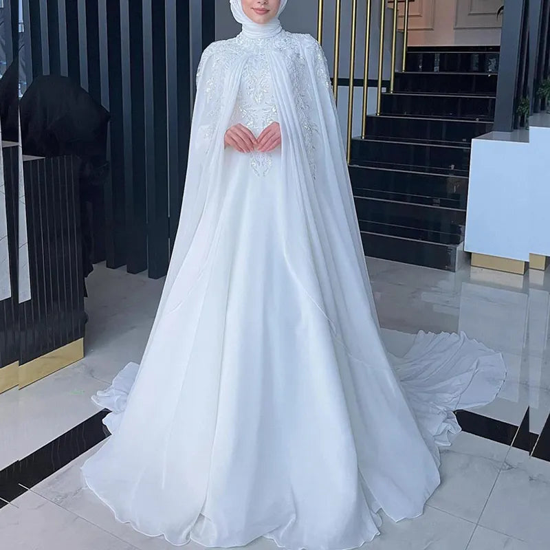 Elegante moslim trouwjurken met cape high nek lange mouwen vegen trein chiffon appliques kralende hijab bruid bruidsjurken