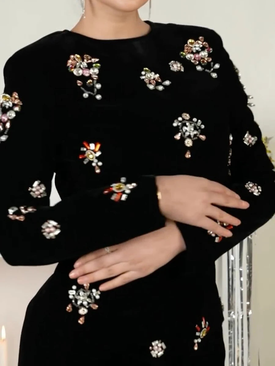 TWOTWINSTYLE Solid Slimming Two Piece Sets for Women Round Neck Long Sleeves Patchwork Diamonds Top High Wasit Skirt Female New