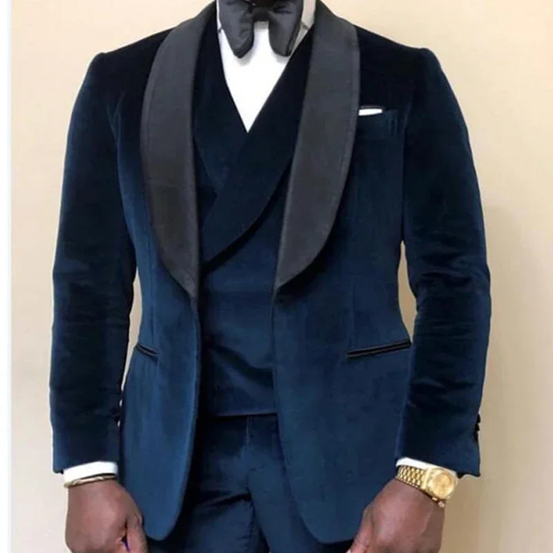 Prom Suits for Men 3 Pcs Wedding Groom Tuxedo African Style Velvet Male Fashion Clothes Set Jacket Vest with Pants 2024