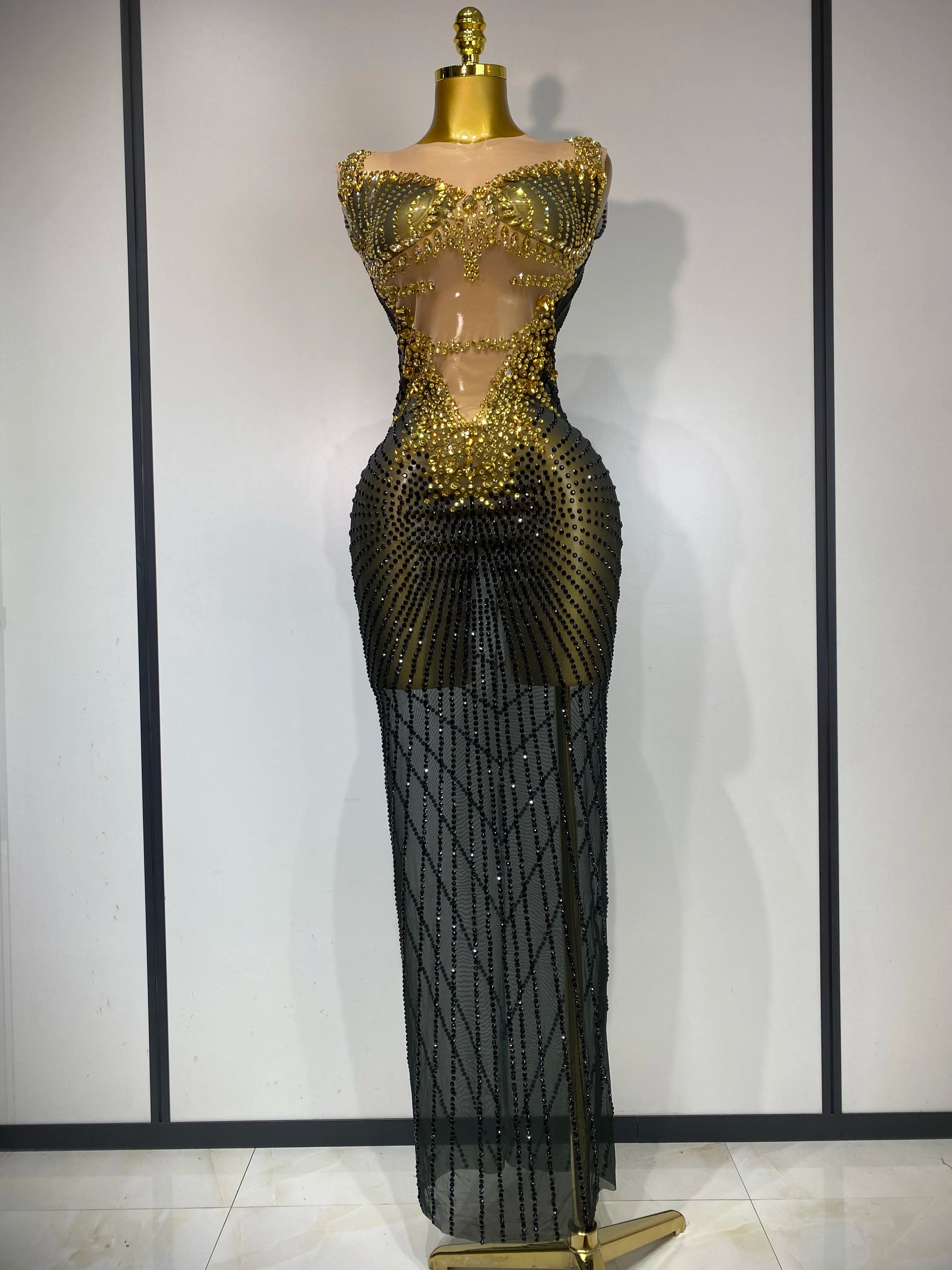 Women Sexy Sparkly Rhinestones Sleeveless Long Dress 2025 Club Birthday Celebrate Evening Photo Shoot Stage Performance Costume