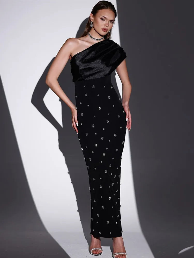 Women Sexy One Shoulder Diamonds Pink Black Maxi Long Bodycon Bandage Dress Elegant Evening Club Party Dress