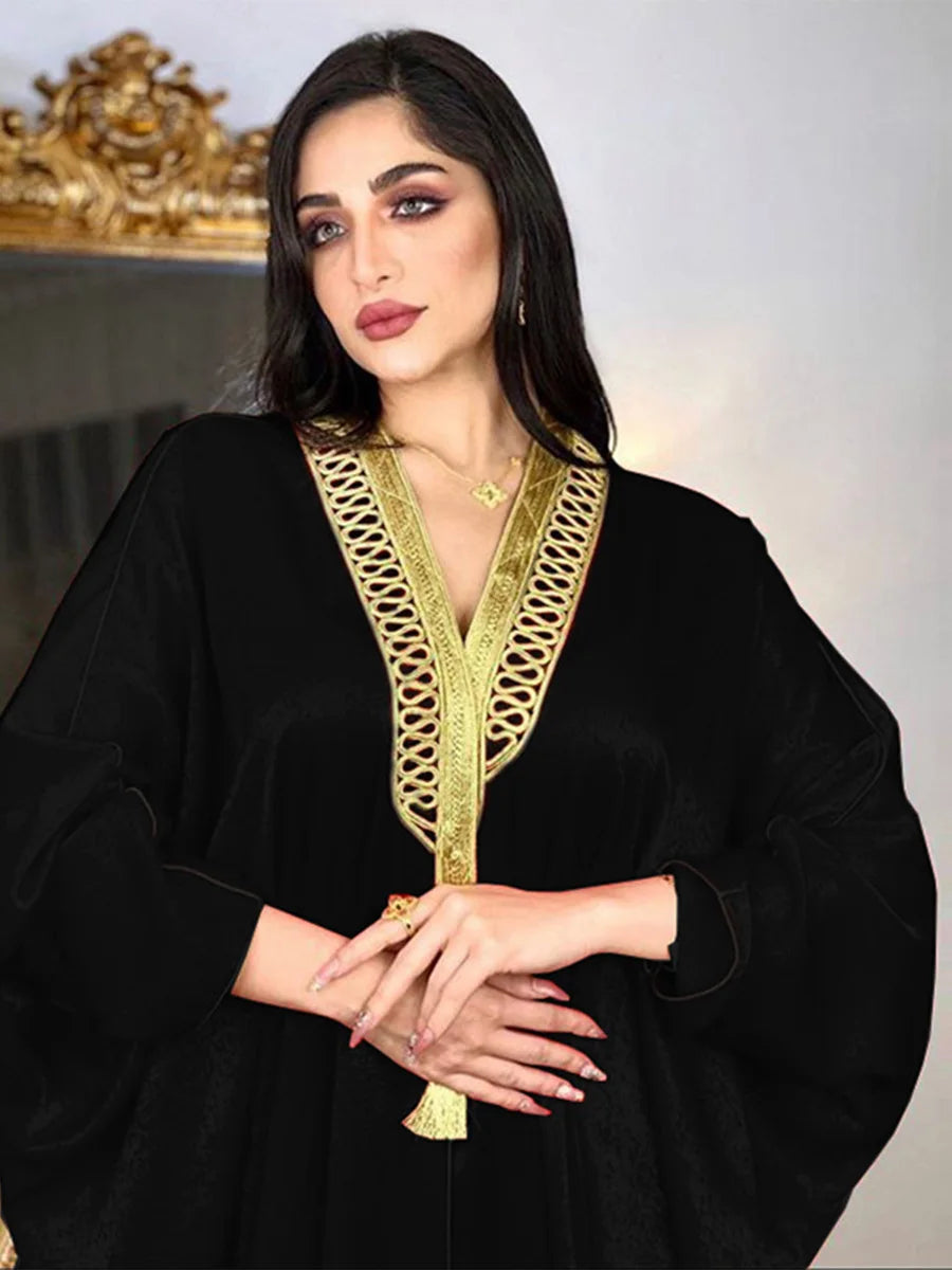 Dubai Open Abaya Velevt Kimono Coat Moroccan Turkish Ethnic Gold Tape Trim Batwing Sleeve Islamic Gulf Robe For Female