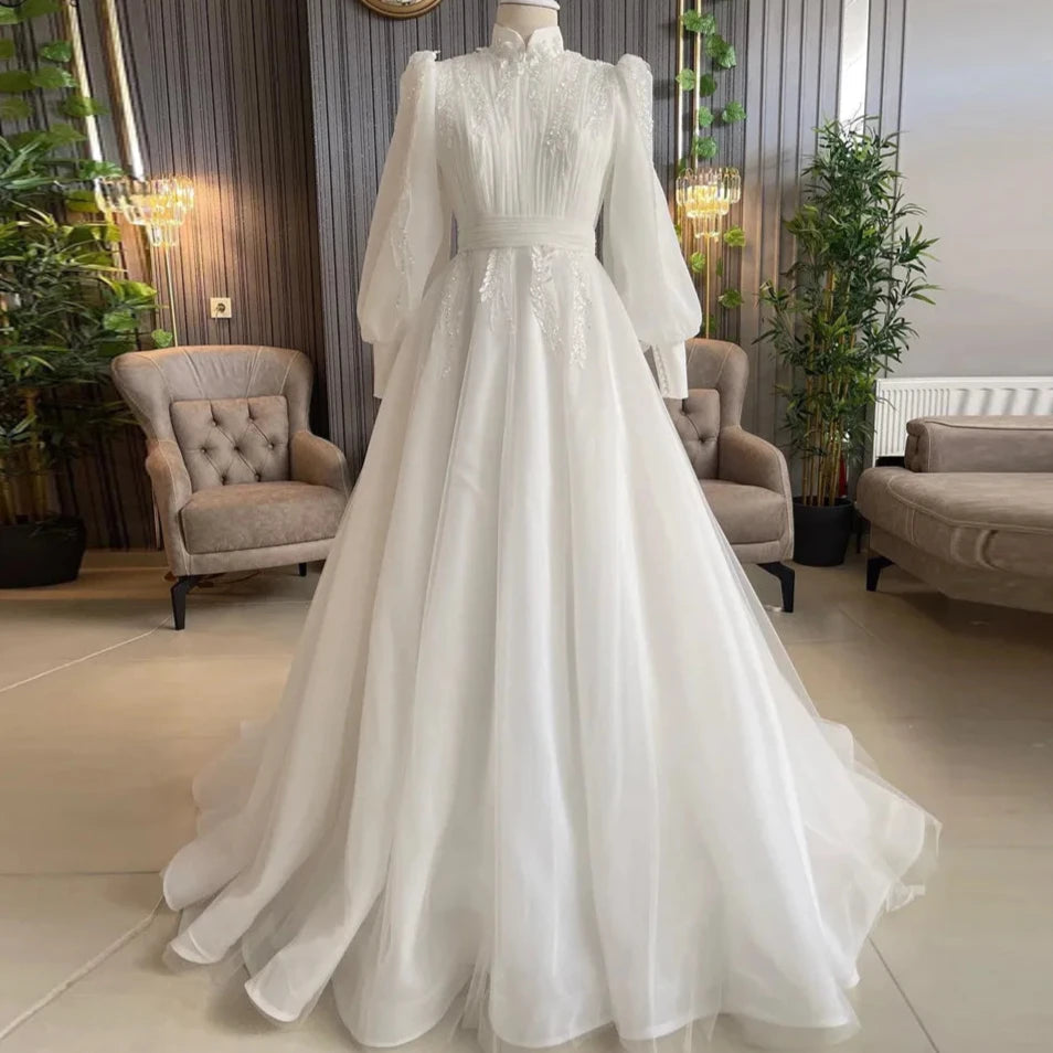 Arabico Dubai Abiti da sposa musulmani per donna Bridal High Neck Hijab Abito da sposa Maniche lunghe perline DE Mariée