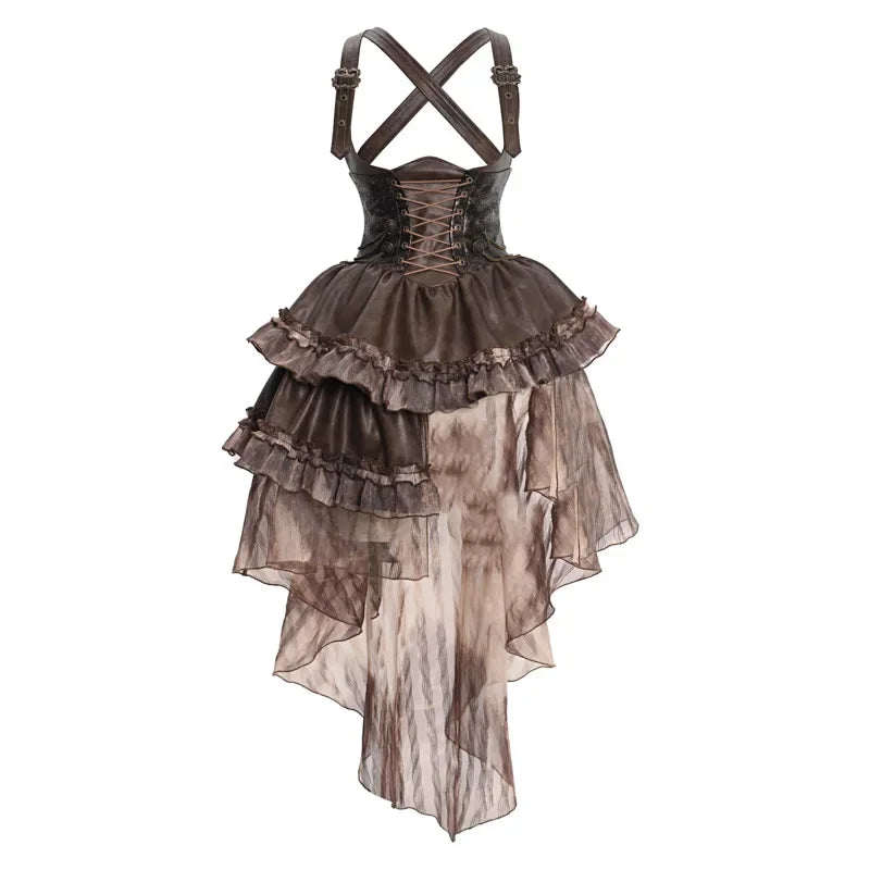 Original Punk Asymmetrical PU Chest Plate Strap Trailing Dresses Long Sleeve Shirt Dress Sets Autumn New Gothic Girls Outfits