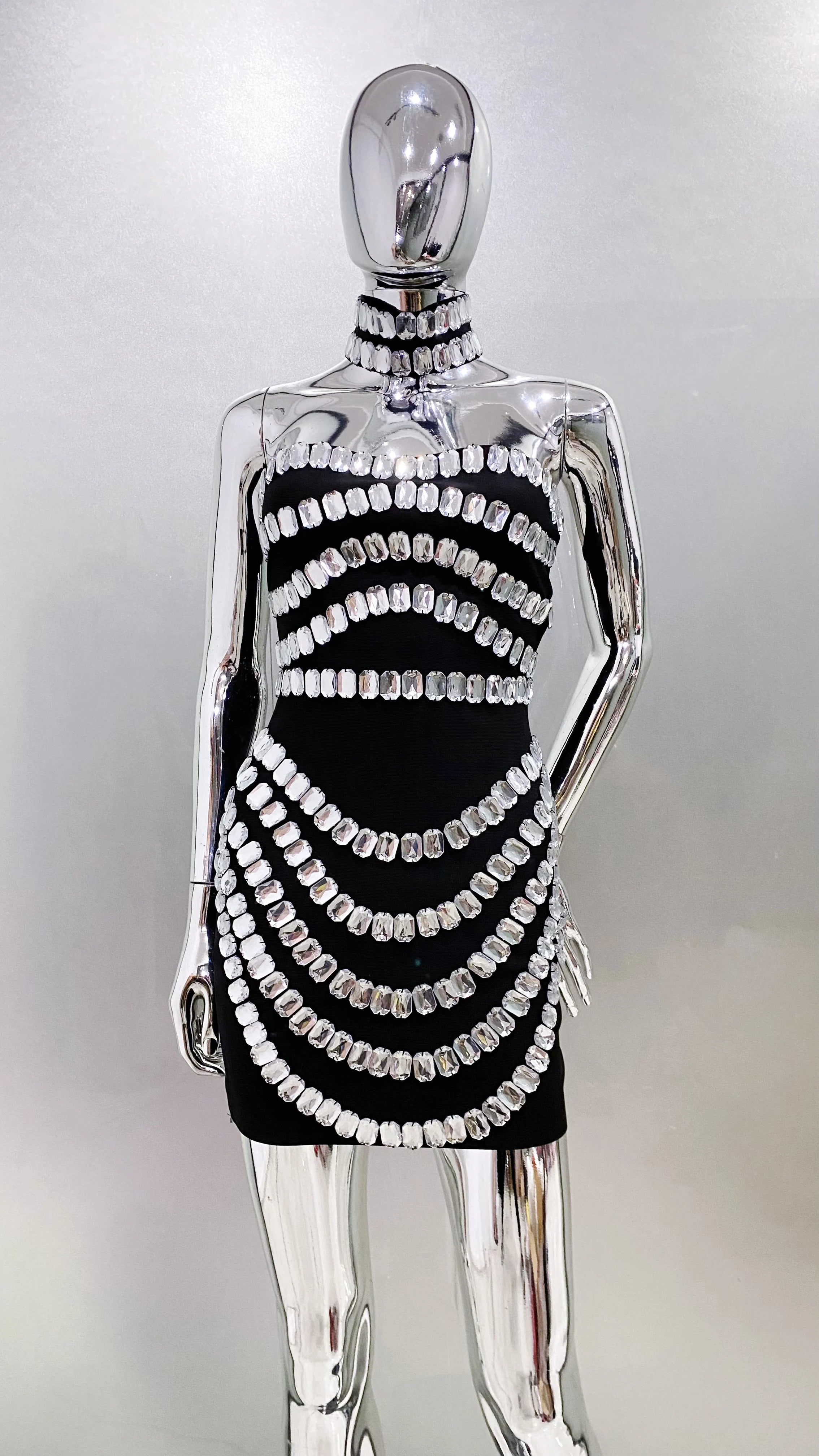 Sparkly Big Crystal Women Sexy Strapless Bodycon Mini Bandage Dress Necklace Celebrate Nightclub Party Photo Shoot Wear