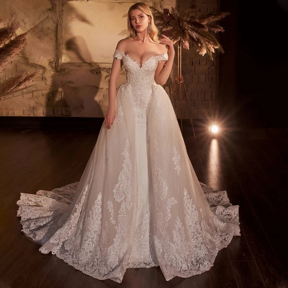 Vestidos de novia bohemios románticos con hombros descubiertos, cuentas, apliques de diamantes, tren desmontable, Suknia ślubna, hecho a medida 