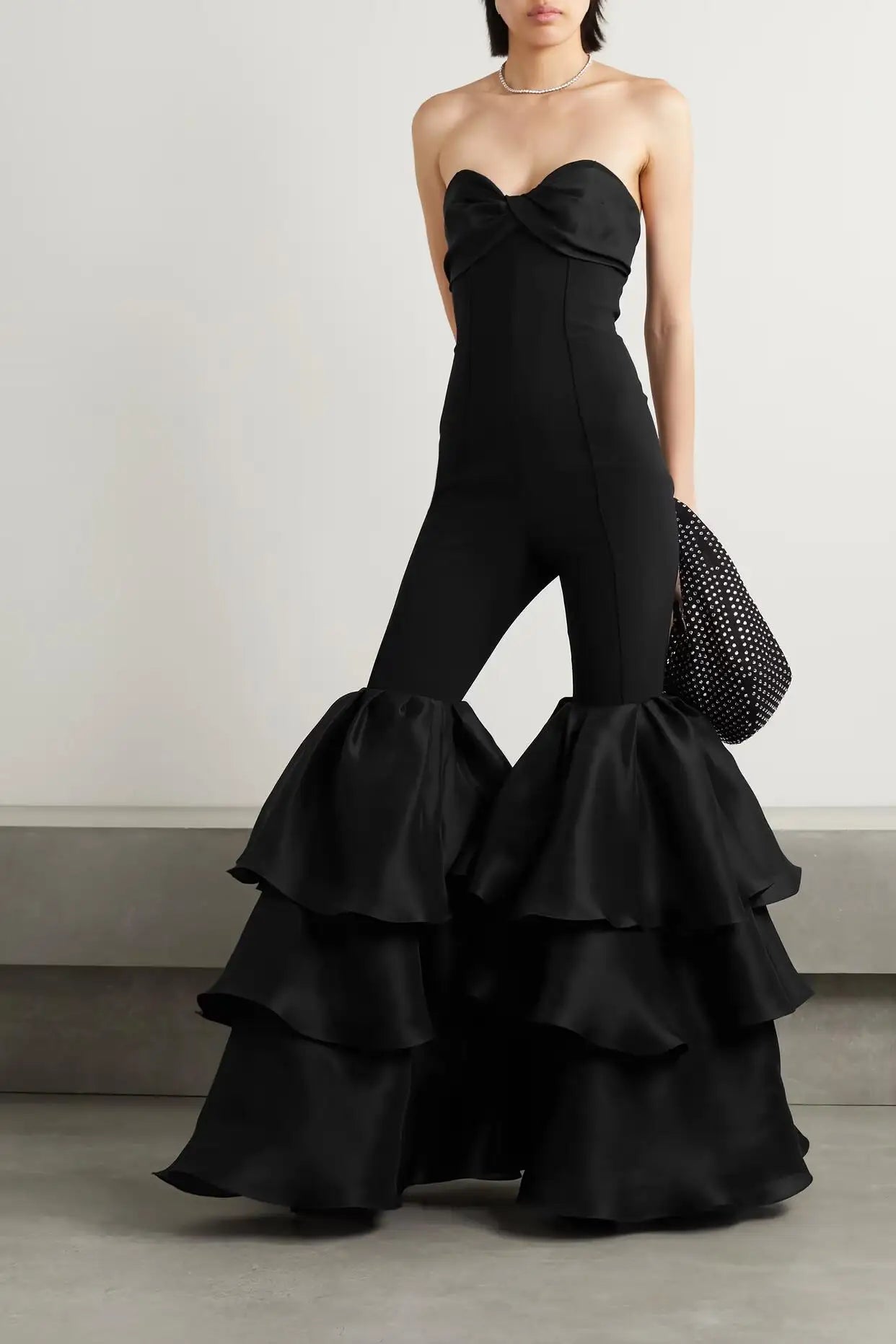 Black Color High Street Women Sexy Strapless Ruffles Wide Leg Jumpsuit Bandage Fashion Evening Party Cocktail Jumpsuit