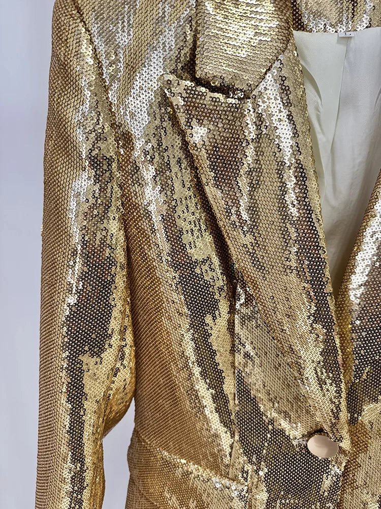 2025 New Arrival Women Long Sleeve Shinning Sequins Single Button Slim Coat 2 Pieces Women's Set Formal Evening Celebrate Party