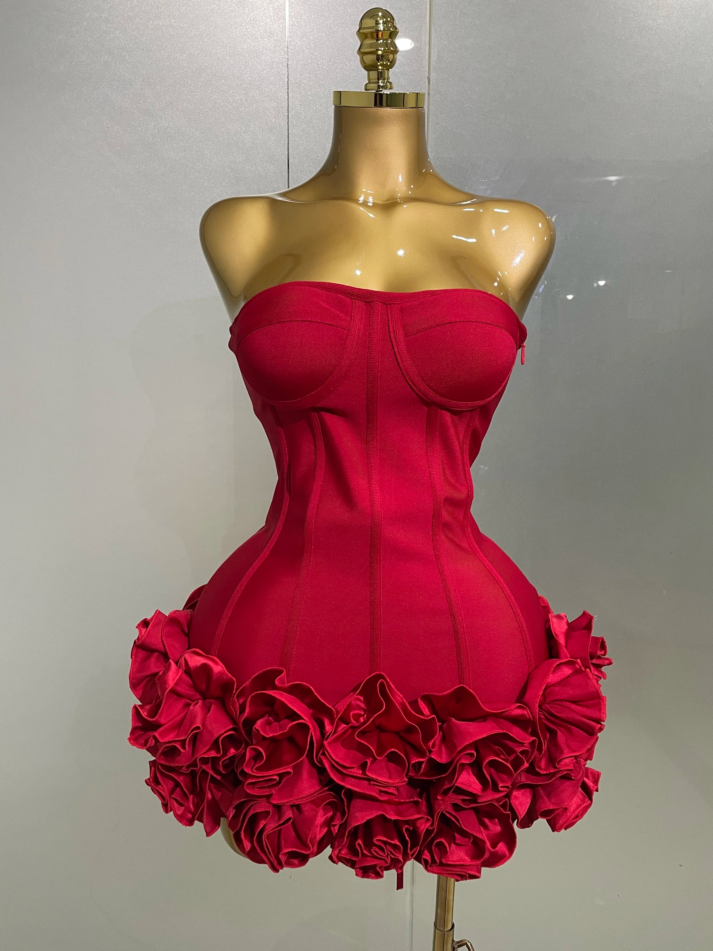 Women Evening Bandage Dress Strapless Bodycon Flowers Mini Celebrity Sexy Birthday Party Dresses Photo Shoot Nightclub Outfit
