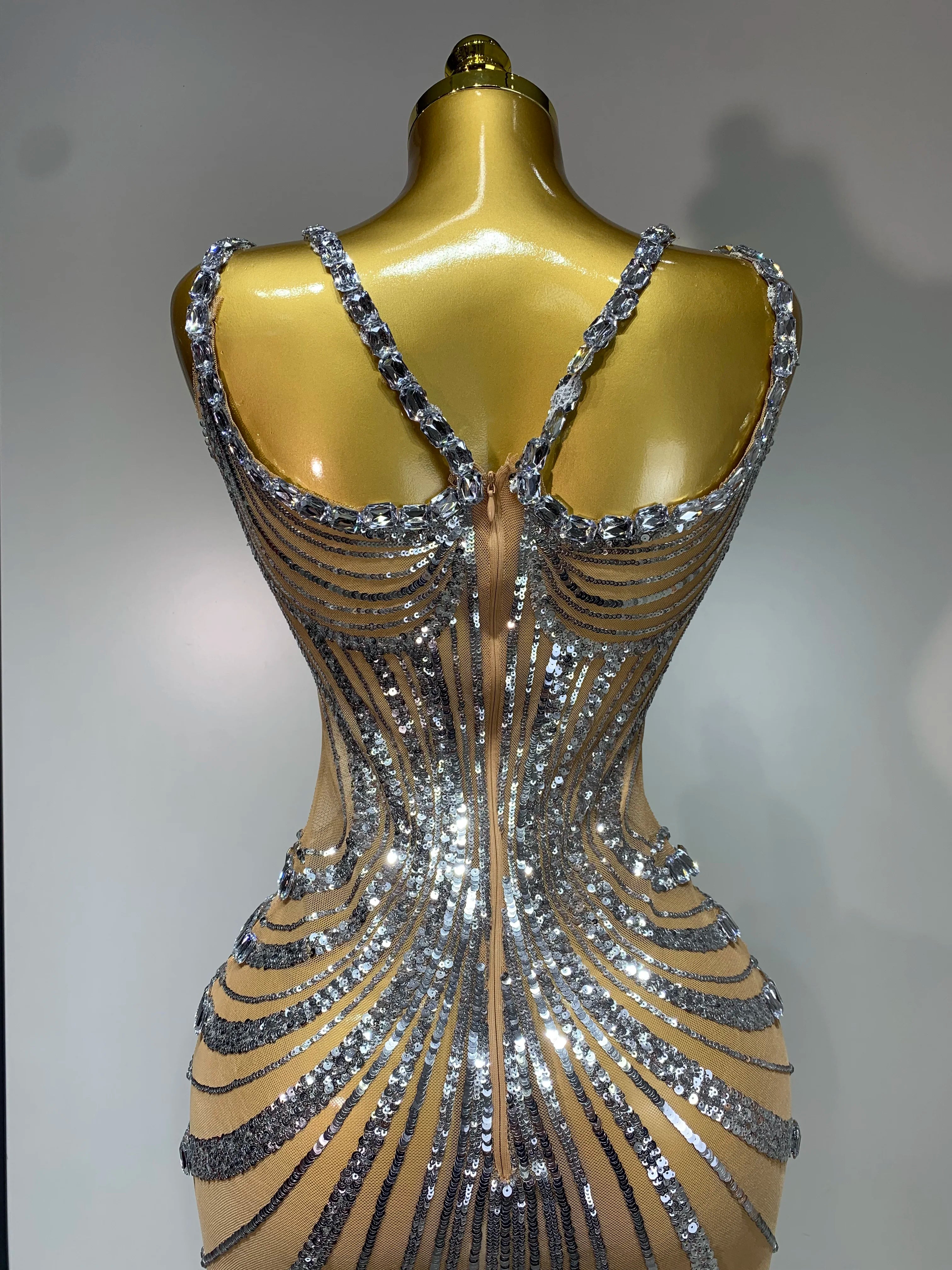 2025 Luxury Sexy Silver Rhinestone White Mesh See Through Long Dress Women Birthday Party Prom Gown Singer Nightclub Outfit