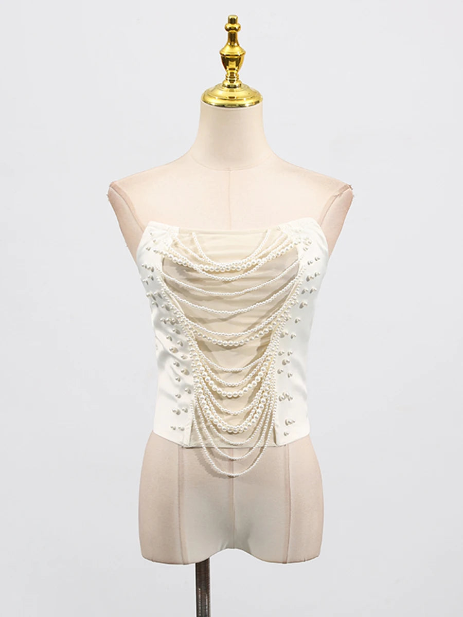TWOTWINSTYLE Solid Slimming Spliced Chain Tanks for Women Strapless Sleeveless Patchwork Bead Tank Female Fashion Clothing New