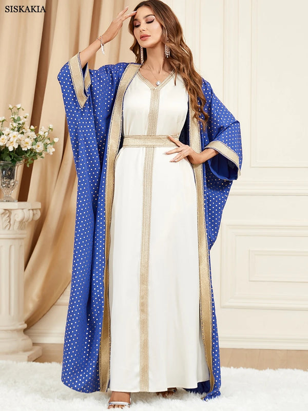 Kaftan Dubai Luxury Muslim Sets Batwing Sleeve Open Abaya Fashion Polka Dot Print 2 Piece Ramadan Dress All season