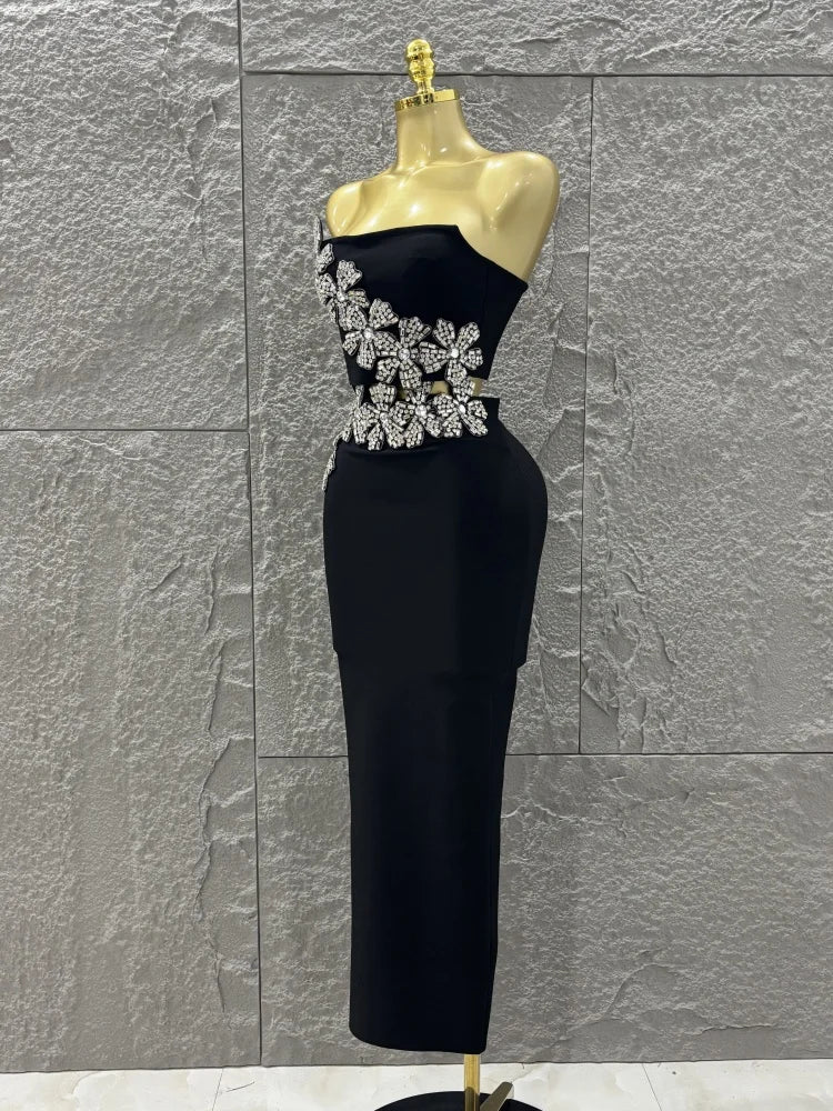 Black Color Women Shinning Diamond Flowers Sexy 2 Pieces Bodycon Long Bandage Dress Nightclub Party Celebrate Birthday Outfit