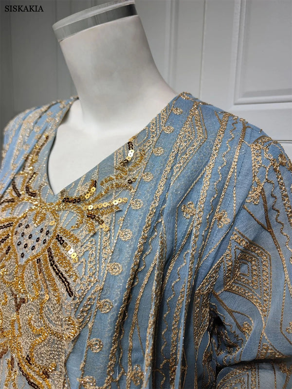Gorgeous Party Evening Dresses for Women Dubai Muslim Vintage Ethnic Sequin Gold Thread Embroider Abaya Moroccan Kaftan